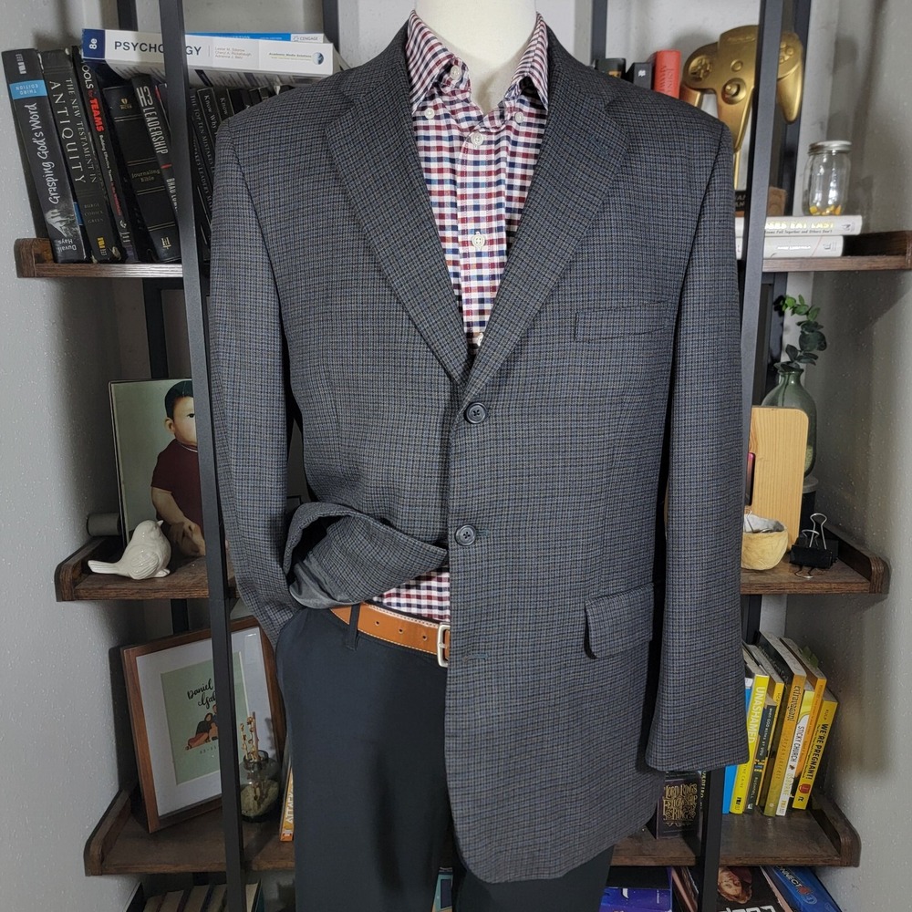 Stafford Executive Men's Sport Coat Blazer Two Button Gray‎ Houndstooth Wool 42R